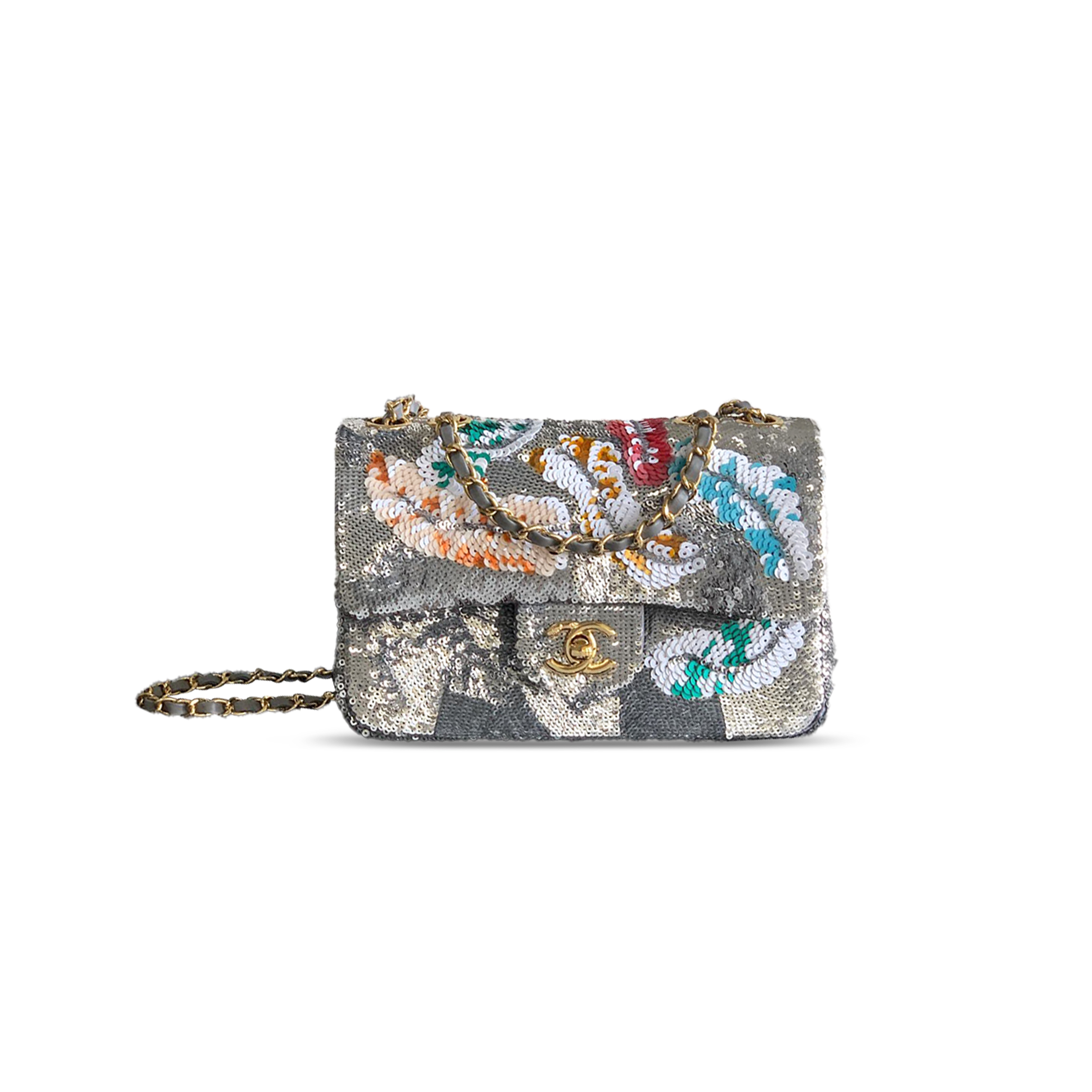 CHANEL MINI CLASSIC 11.12 HANDBAG EMBROIDERED SATIN, SEQUINS, GLASS PEARLS 356014 (20*13*7cm)